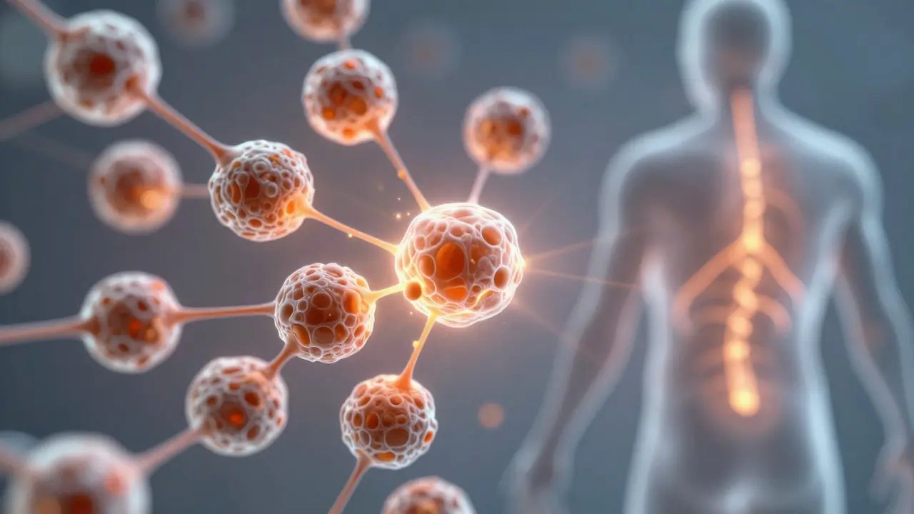 Abstraktní zobrazení přeměny bílého tuku na hnědý tuk s energetickými pulsy.