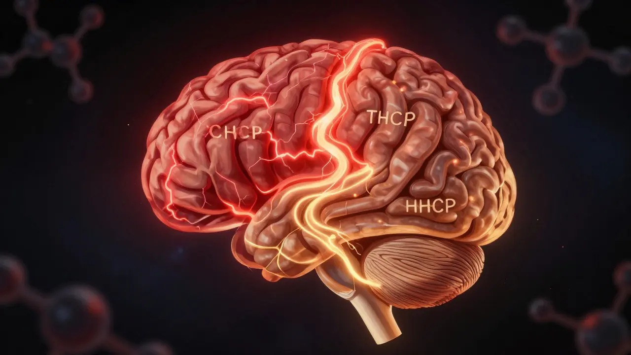 Člověčí mozek s dvěma různými cestami aktivace receptorů: bouřlivá červená a klidná zlatá.