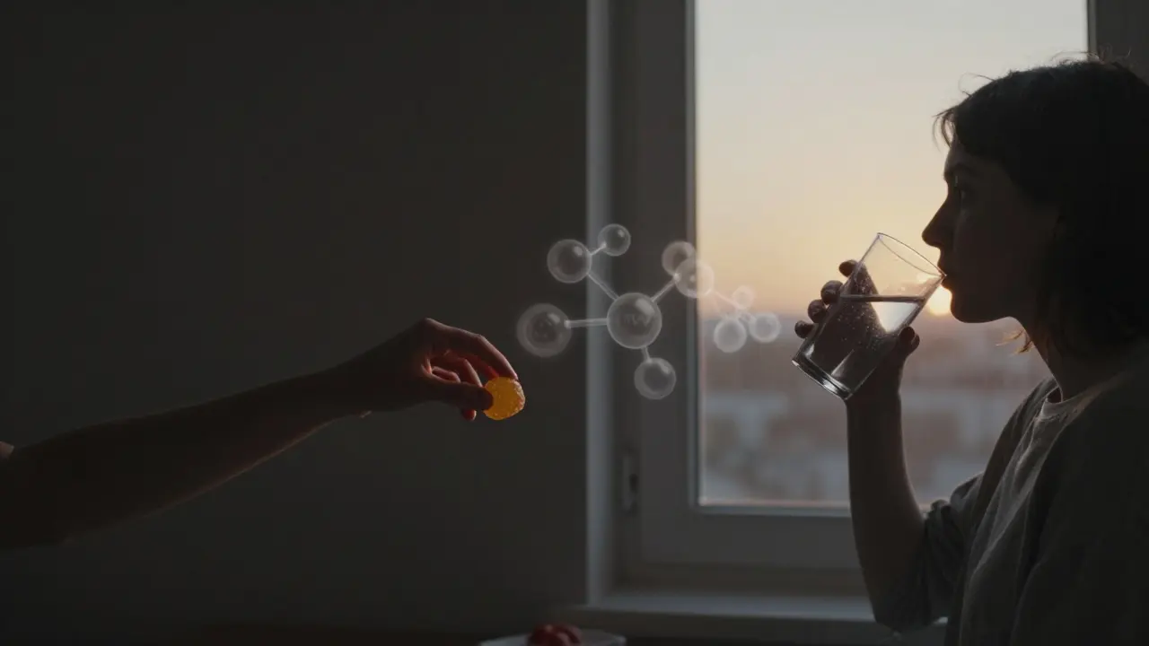 Člověk v kroku od přejídání k přijetí zdravějšího návyku s jemným zobrazením molekul THCV.