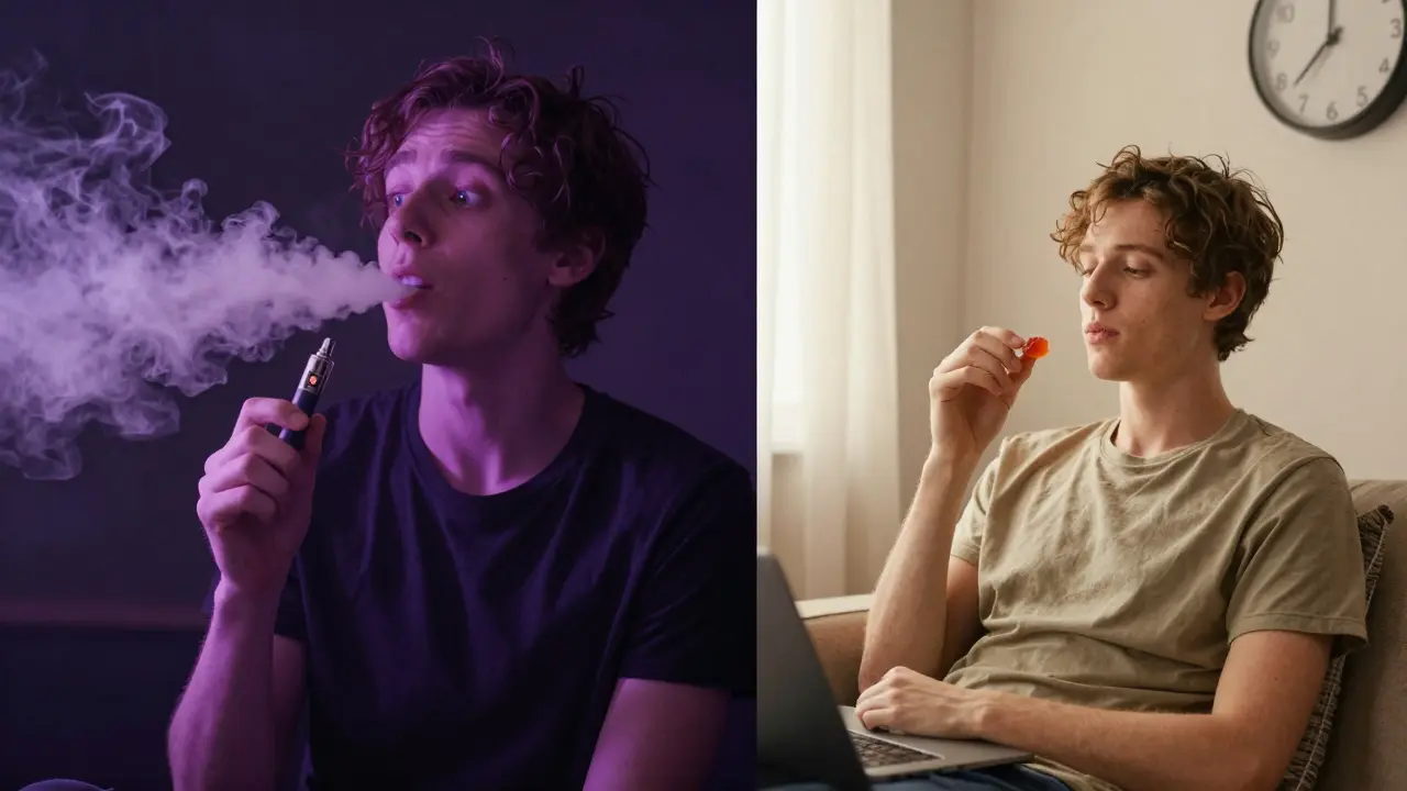 Dva lidé: jeden s vape a intenzivním výrazem, druhý klidně drží pastilku v denním světle.