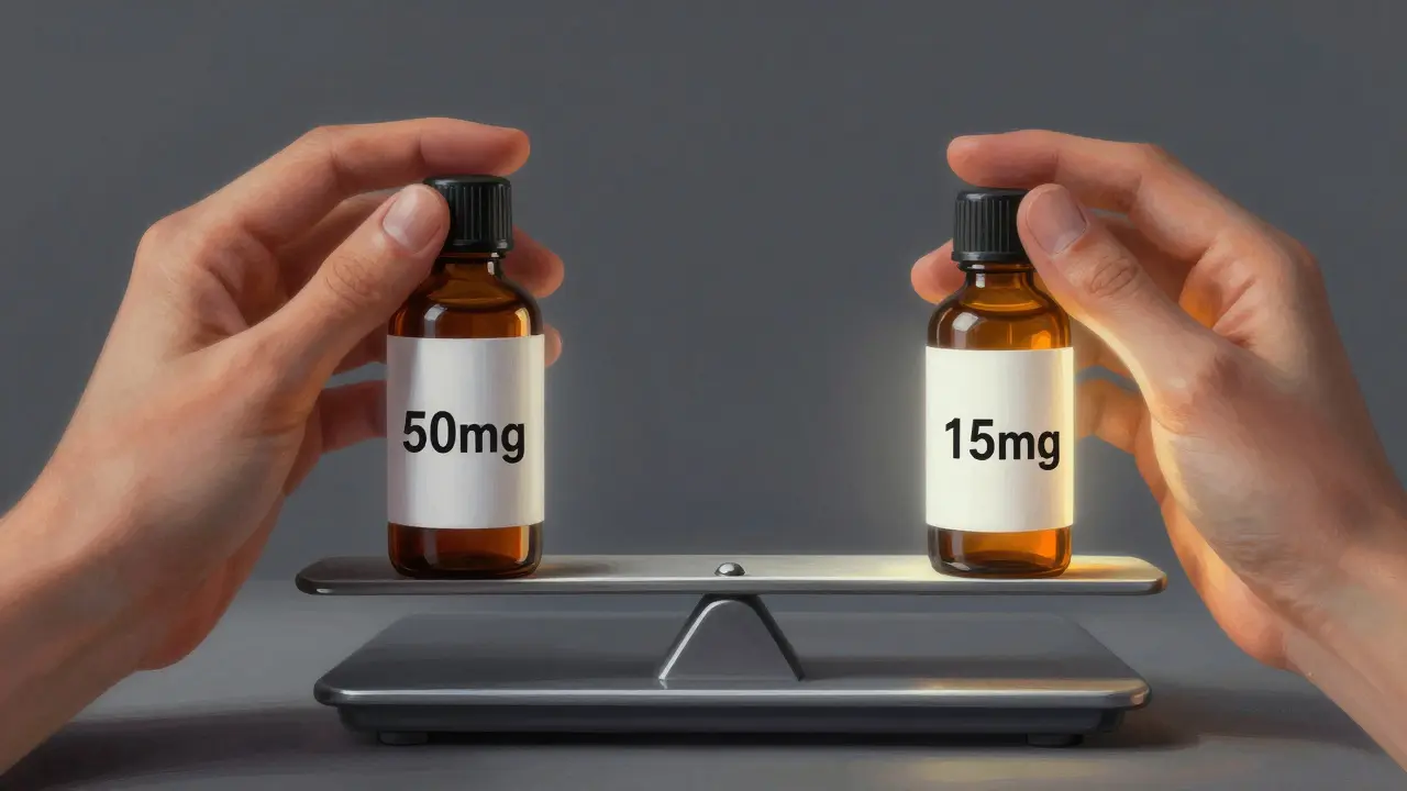 Dvě ruce drží různé dávky CBD: jedna s vysokou dávkou a tlumenou energií, druhá s nízkou dávkou a jasným světlem.