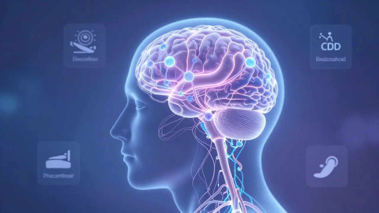 Glowing endokannabinoidní systém s CBD molekulami interagujícími s receptory v těle.