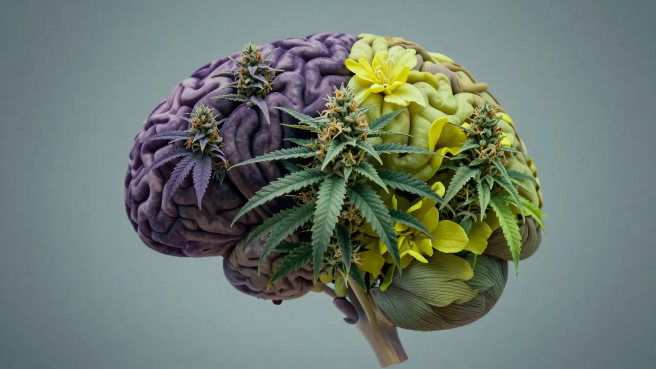 Koncepční obrázek mozku s květy CBD: jedna strana Indica, druhá Sativa, střed hybrid.