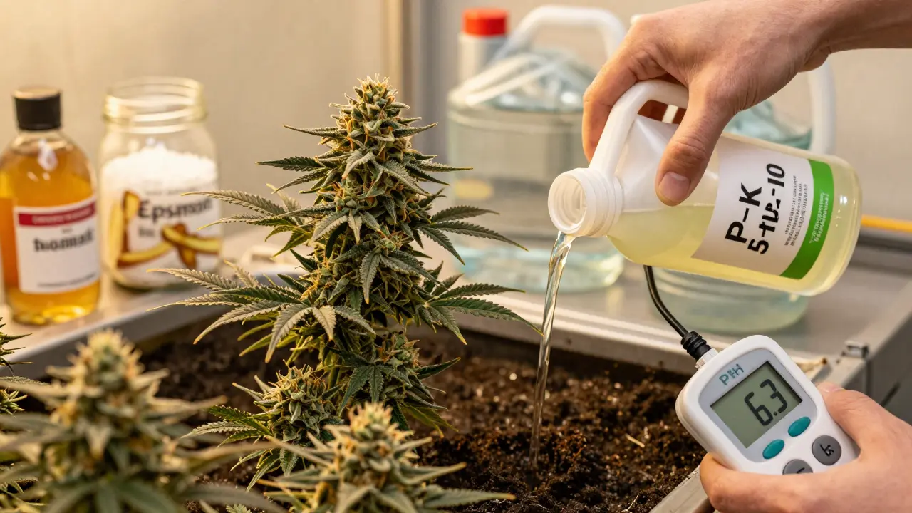 Konopí v fázi květu s hustými květy, zaléváno živinami a pH měřené před sklizní.