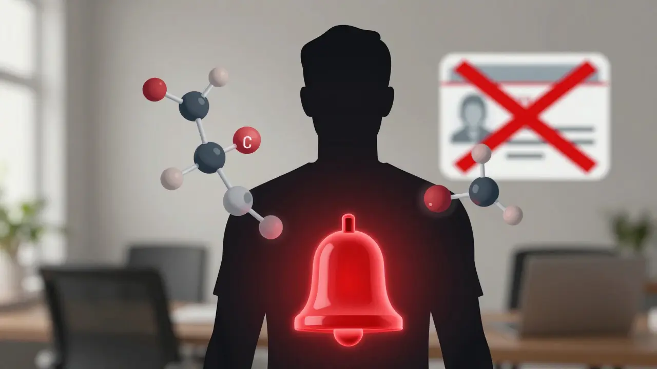 Kontur člověka s alarmem u srdce a molekulami THC, symbolizující riziko pozitivního testu na drogy.