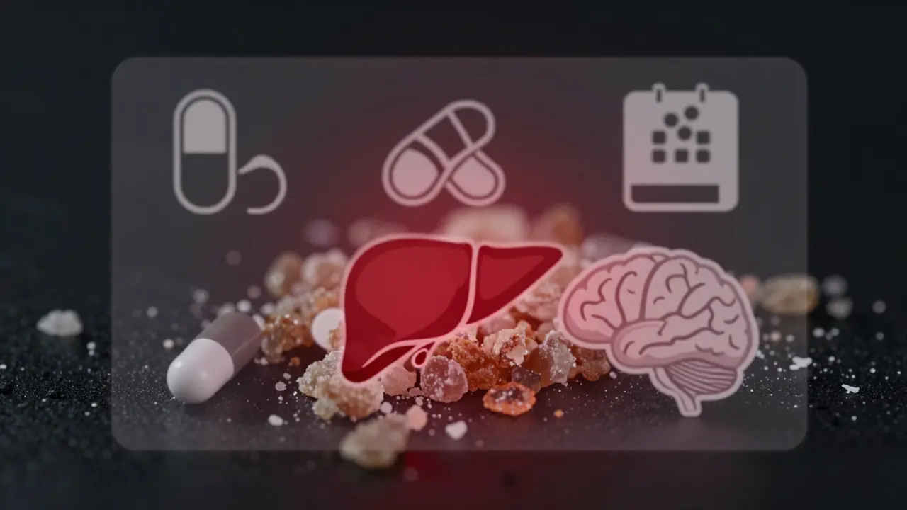 Medicínský graf s léky, jaterem a mozkem, překrytý krysami CBD crumble, červené varovné značky.