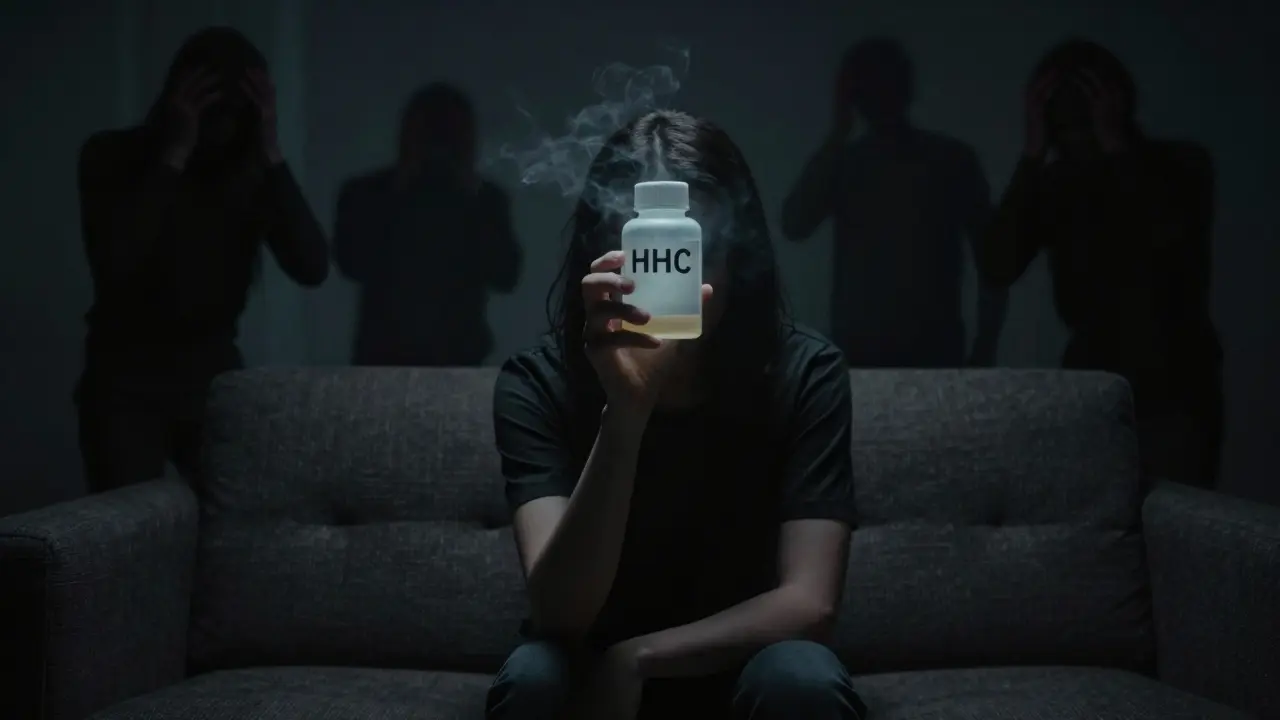 Muž drží neoznačenou láhev HHC, kolem hlavy se objevují stíny úzkosti a halucinací.