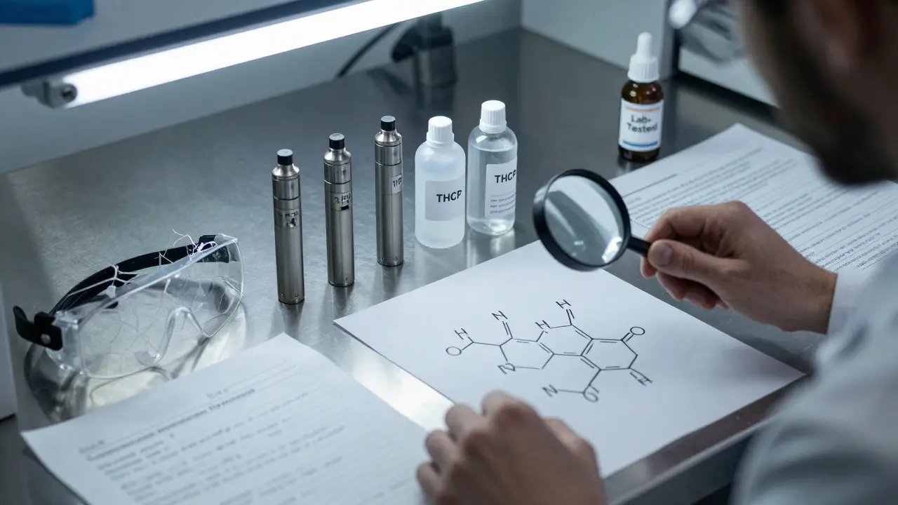 Neoznačené THCP vape lahve a nekontrolované látky na laboratorním stole v českém prostředí.