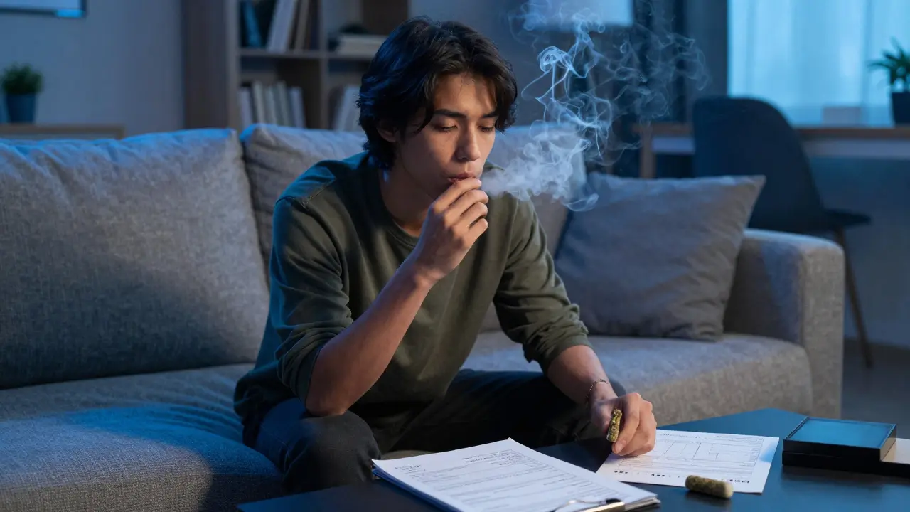 Osoba kouřící HHC květy v klidném prostředí, na stole laboratorní analýza s výsledky obsahu kanabinoidů.