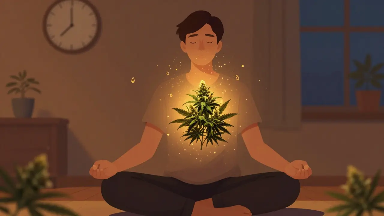 Osoba meditující s Indica CBD květem ve večerním osvětlení, symbolizující uvolnění a klid.