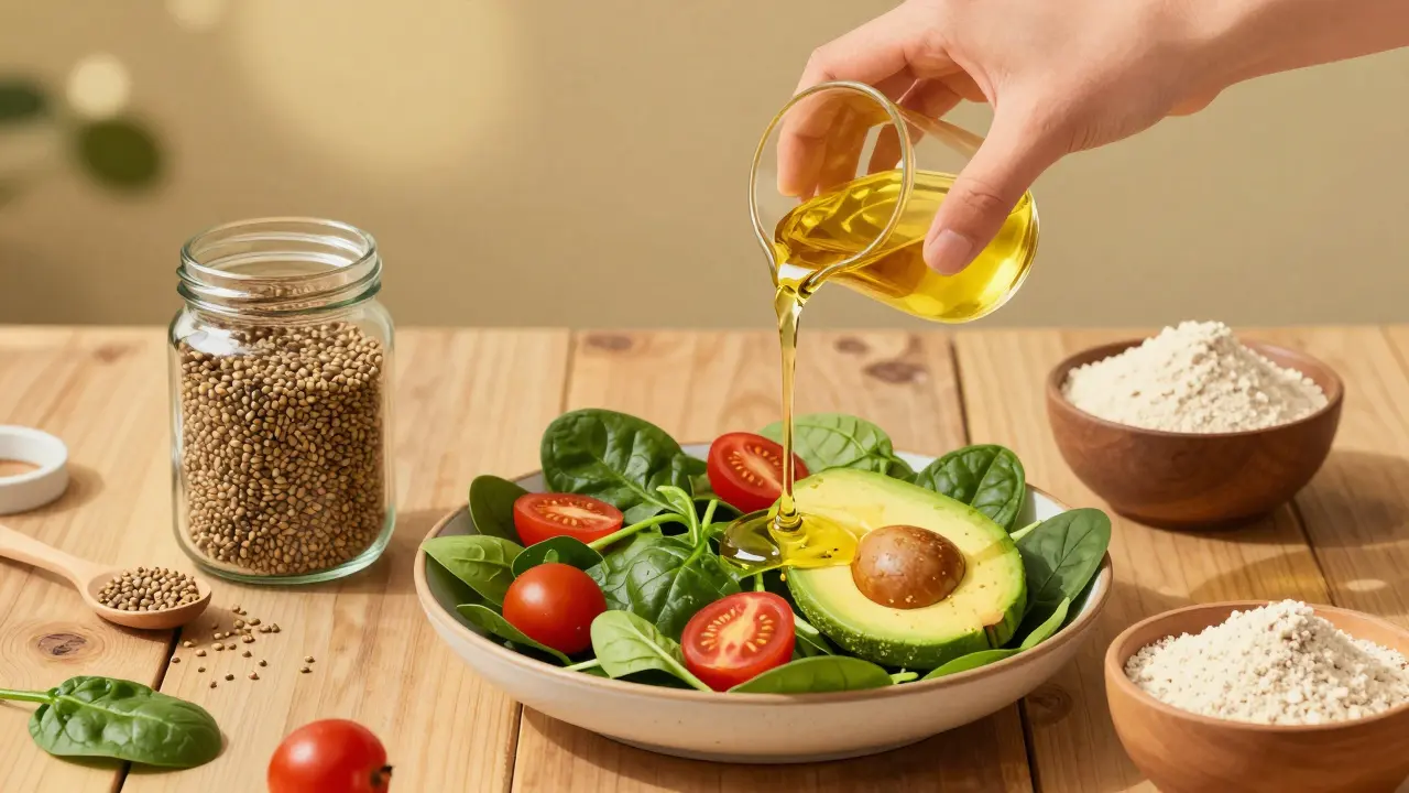 Osoba nalévá konopný olej na salát s špenátem a avokádem, vedle jsou semínka a mouka.