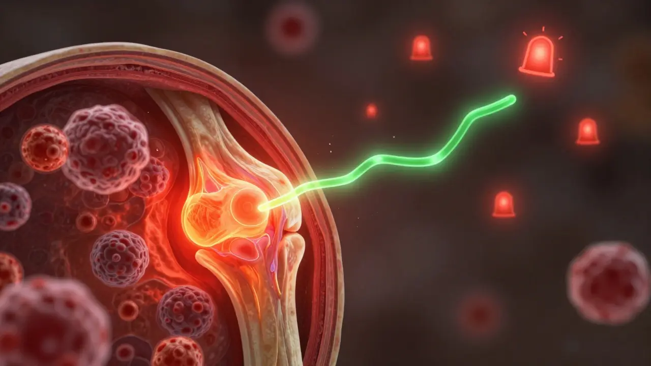 Přehled kloubu s inflamací a molekulou THCV, která potlačuje zánětlivé signály.