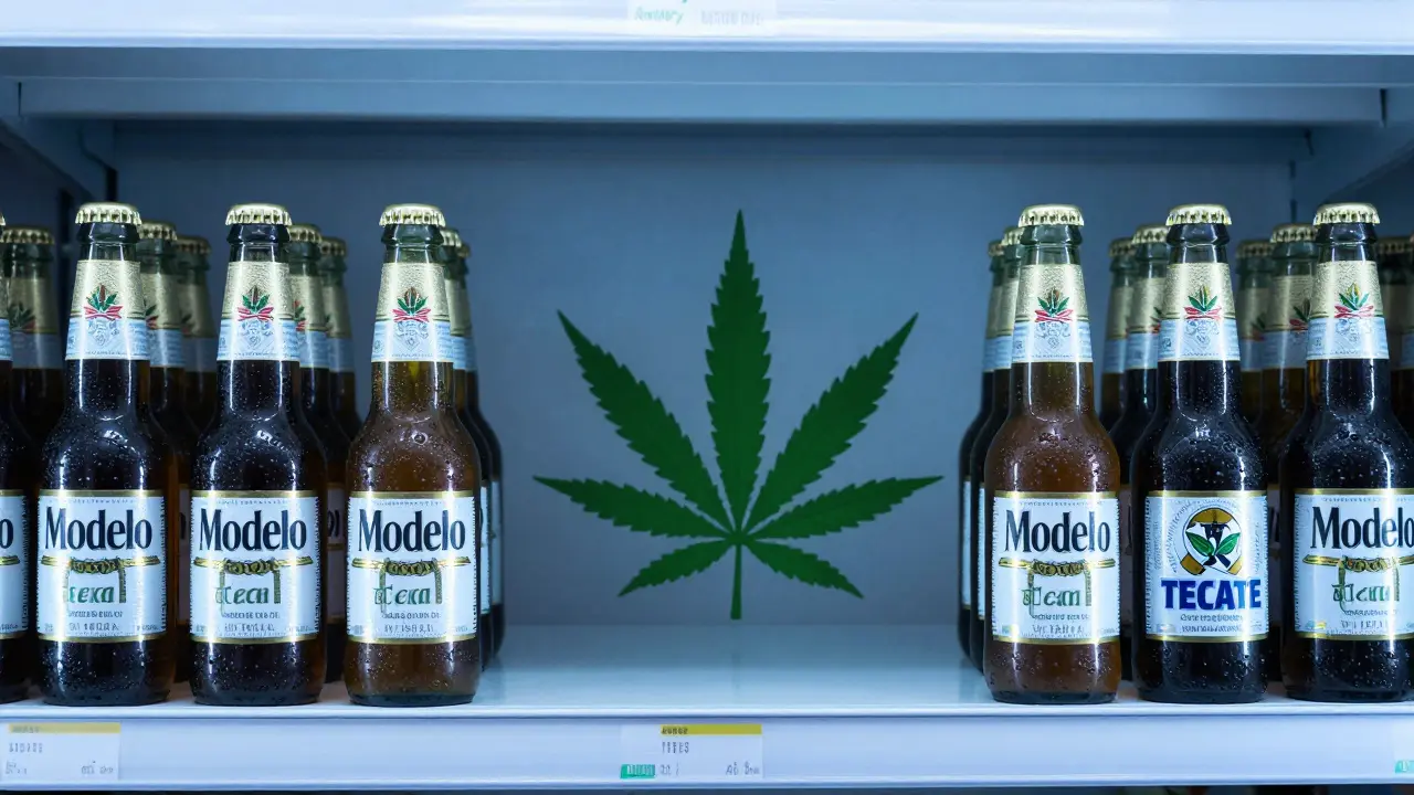 Regál s Modelou a Tecate s přeškrtnutým konopným listem