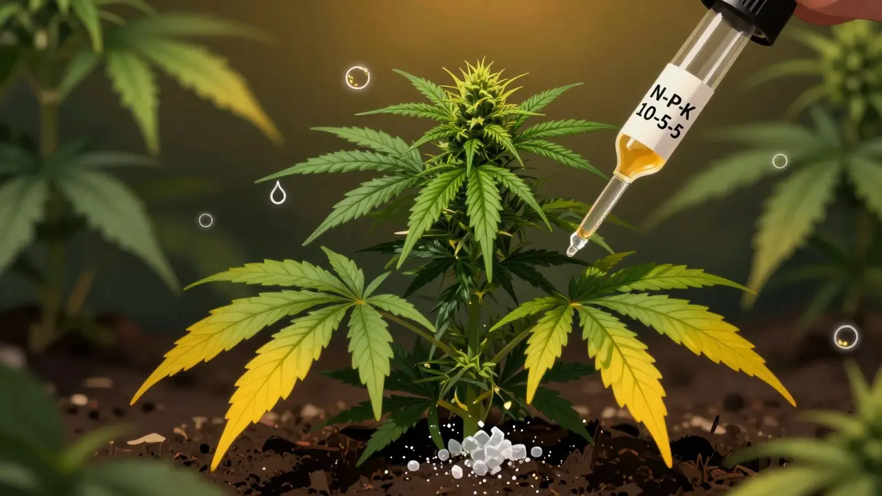 Rozkvétající konopí ve vegetační fázi s kapkami živin a znaky nedostatku magnézia.