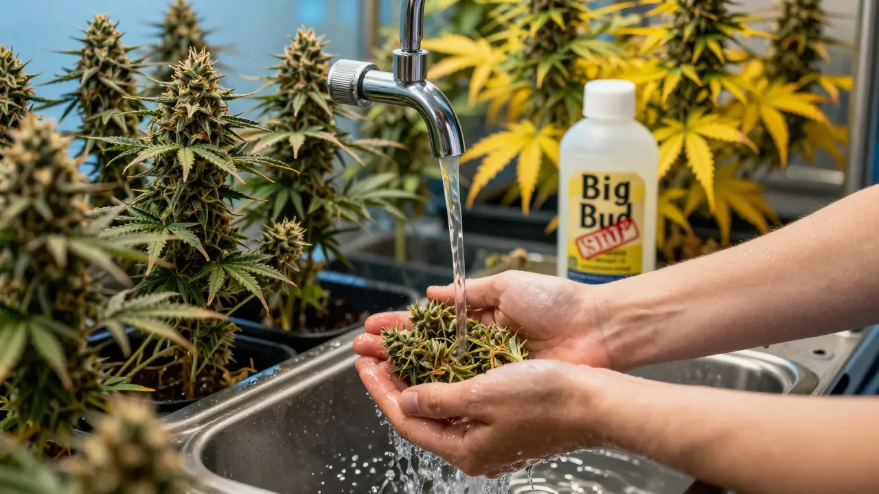 Ruce pláchnoucí květy čistou vodou, zatímco láhev Big Bud je označena jako 'STOP'.