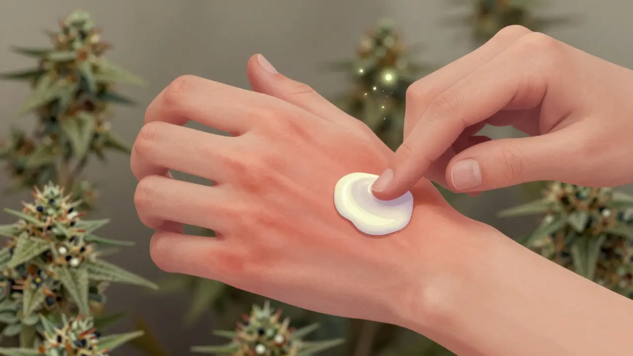 Ruka aplikující CBG krém na zánětlivou pokožku, kde červenání postupně ustupuje.