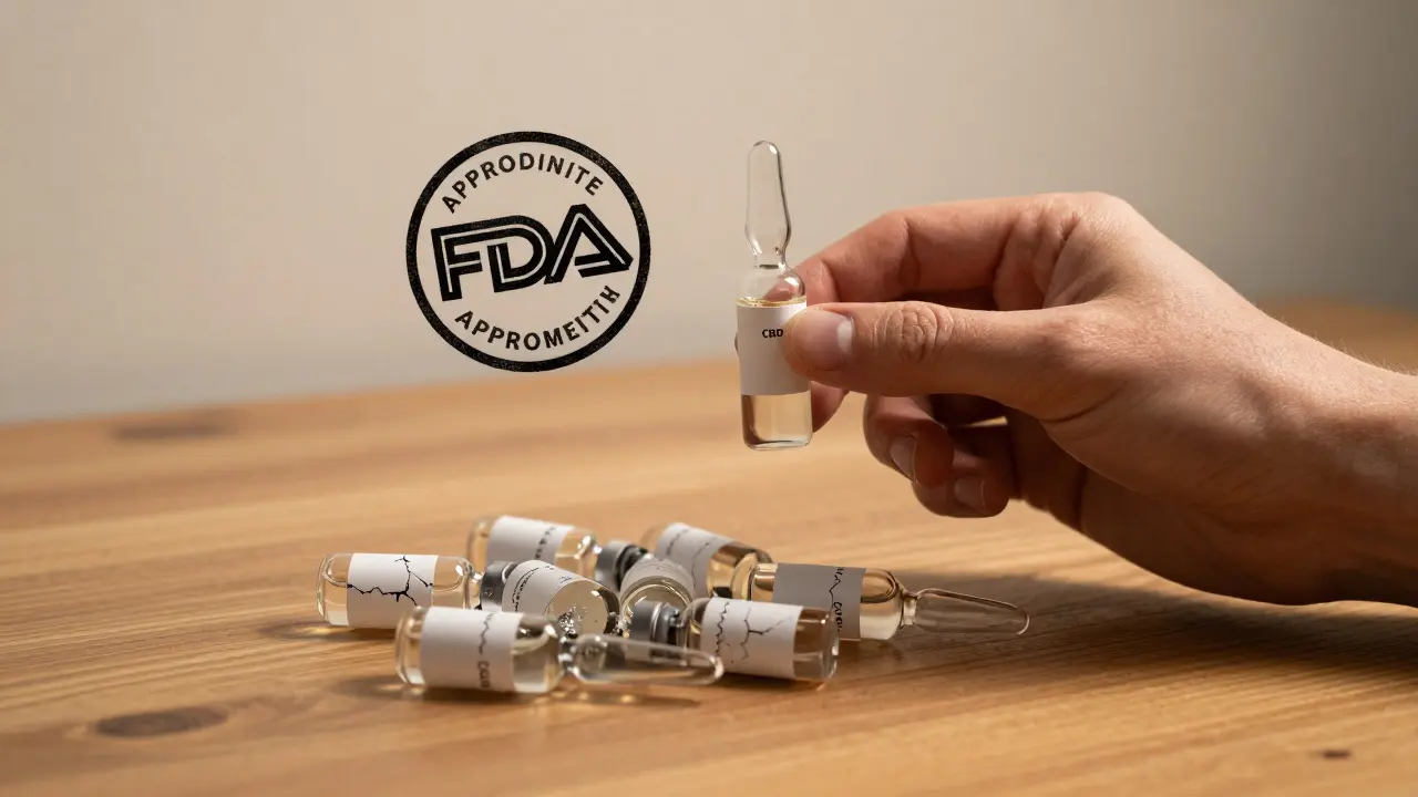 Ruka drží lék s schválením FDA, zatímco pod ním leží neověřené CBD lahve s nebezpečnými příměsemi.