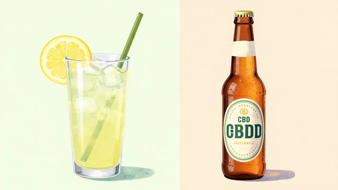 Sklenice CBD limonády a klasického piva vedle sebe