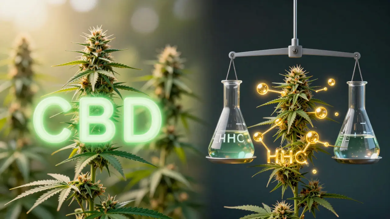 Srovnání přírodního konopí s chemicky upravenou verzí obsahující HHC, symbolizující právní nejistotu a transformaci látky.