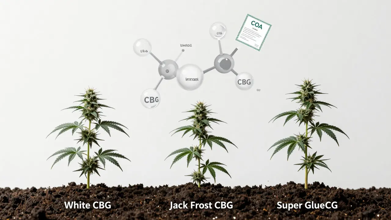 Tři druhy konopí s uvedeným obsahem CBG a molekulární struktura terpenů v pozadí.