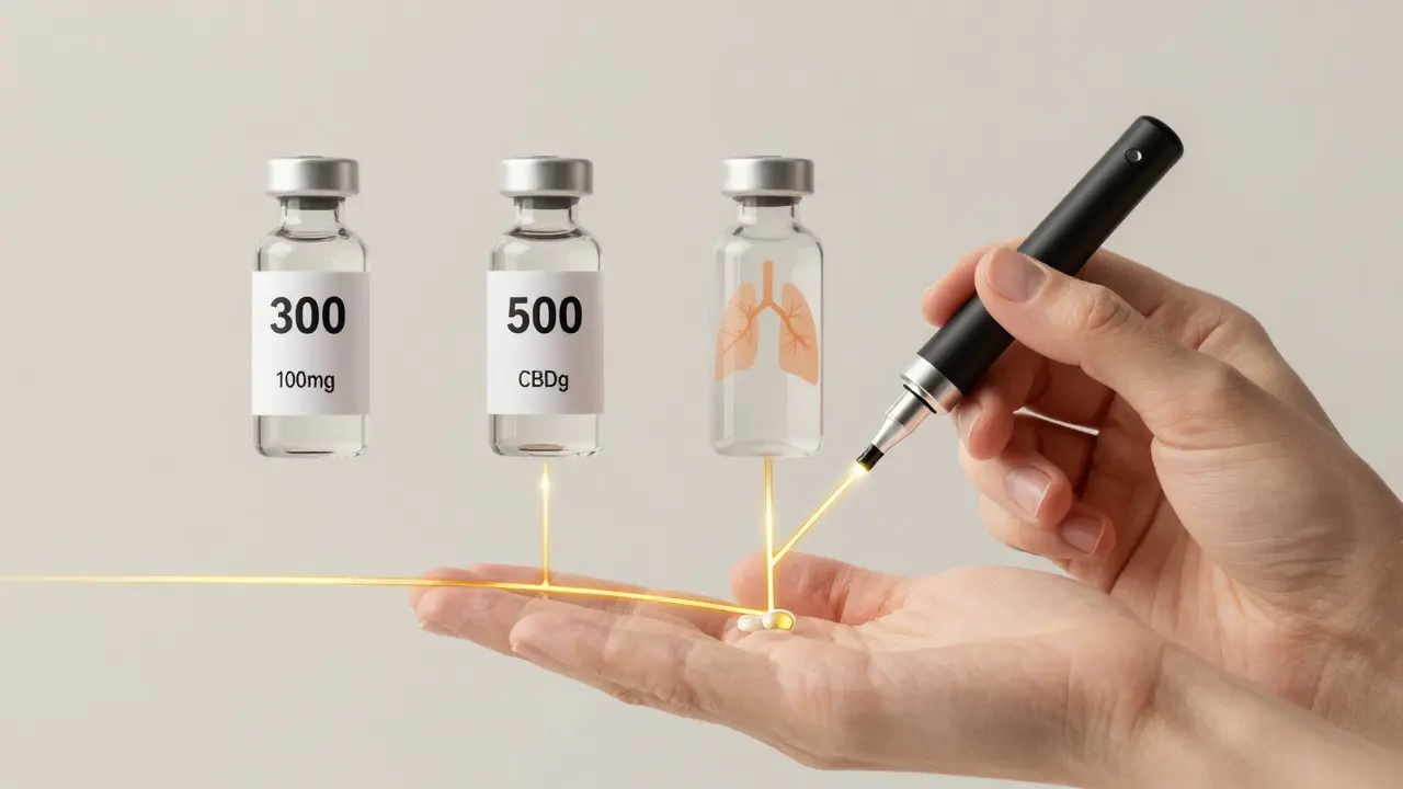 Tři výpaly CBD s různou koncentrací s cestou do plic, kontrast s ústní podávání.