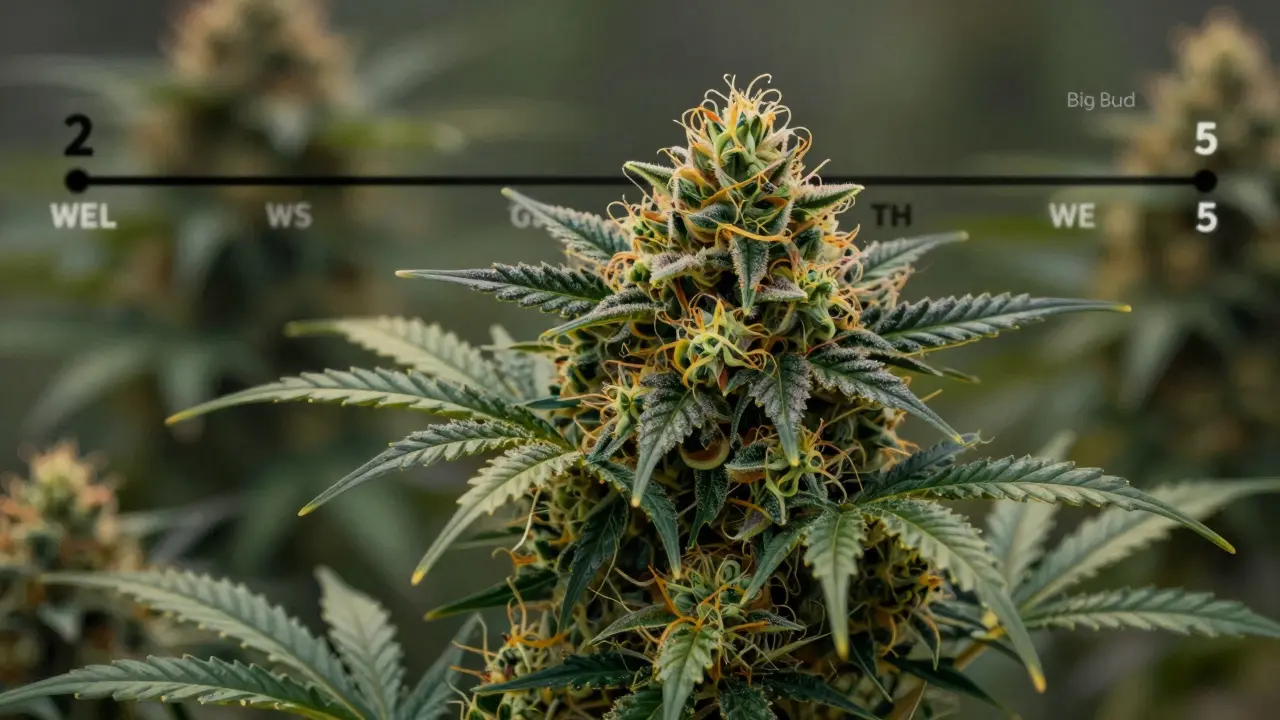 Umělecká reprezentace hustých, pryskyřičných květů konopí s dojmem intenzivního vývoje.