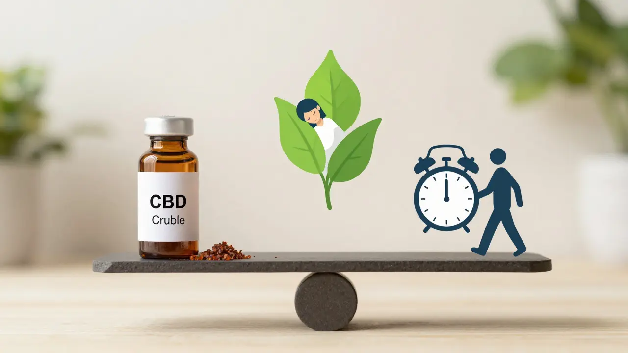 Vyvážená váha s CBD crumble a symboly celkového zdraví — spánek, pohyb, příroda.