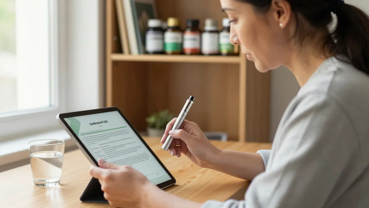 Žena prohlíží certifikát kvality CBD produktu s vape penem a sklenicí vody.