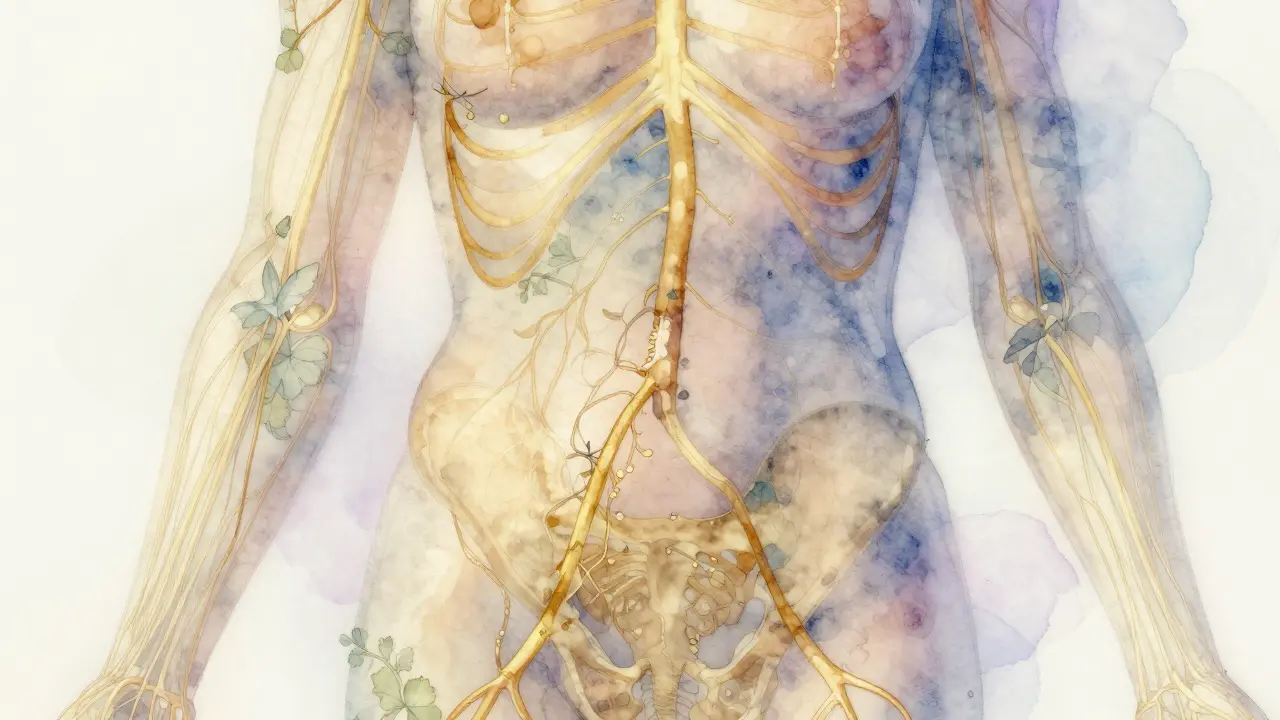 Abstraktní ilustrace lidského těla s zlatými cestami krevních cév a nervů, symbolizujícími zlepšený oběh a uvolnění stresu.