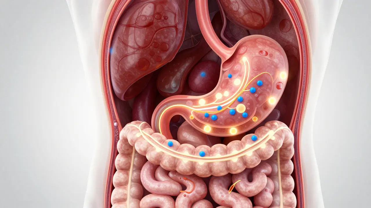 Anatomická vizualizace trávicího systému s receptory
