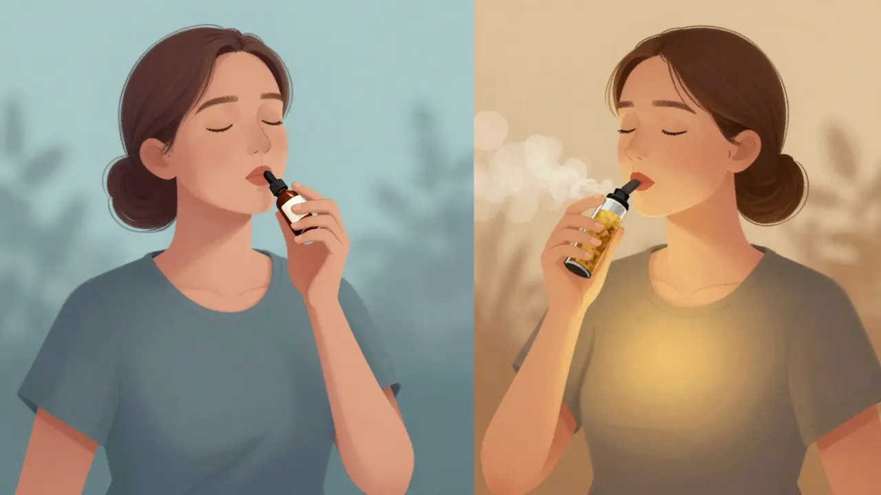 Člověk meditující s CBD olejem a stejný člověk s vapeřením CBD crumble wax