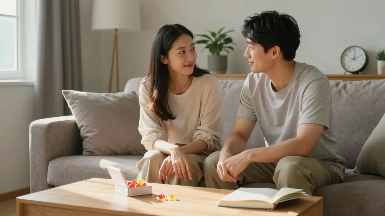 Dva lidé sedí na pohovce a přátelsky hledí na sebe, vedle nich je otevřená krabička s CBD gumičkami na stolku.