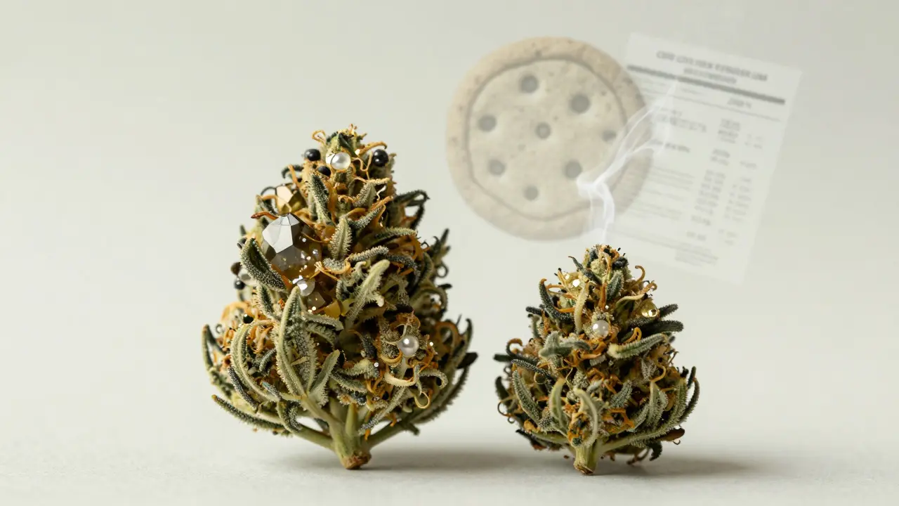 Dvě poupata konopí vedle sebe — jedno velké, jedno malé — s výstupem z pečiva v pozadí.