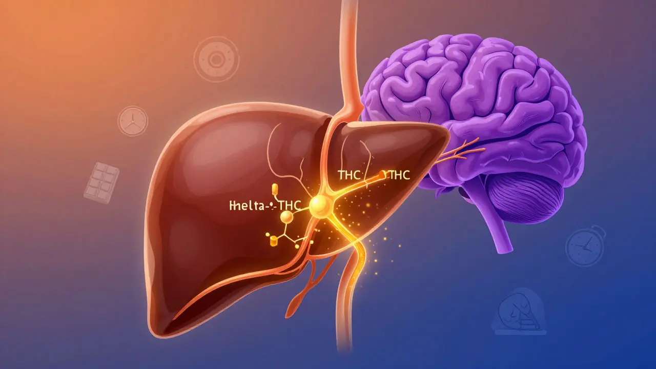 Ilustrace metabolismu THC v játrech a jeho přeměny na silnější sloučeninu, která putuje do mozku.