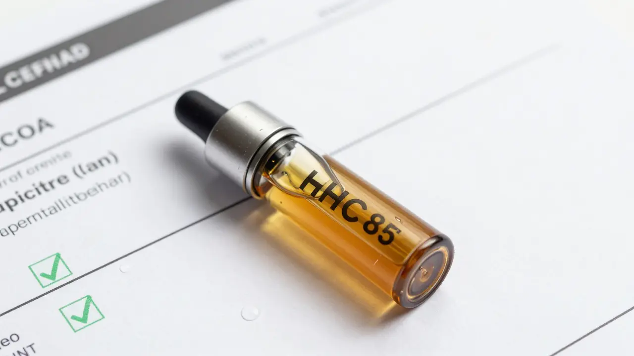 Kapka HHC vape s certifikací COA na bílém pozadí, detaily oleje a skla ve fotorealistickém stylu.