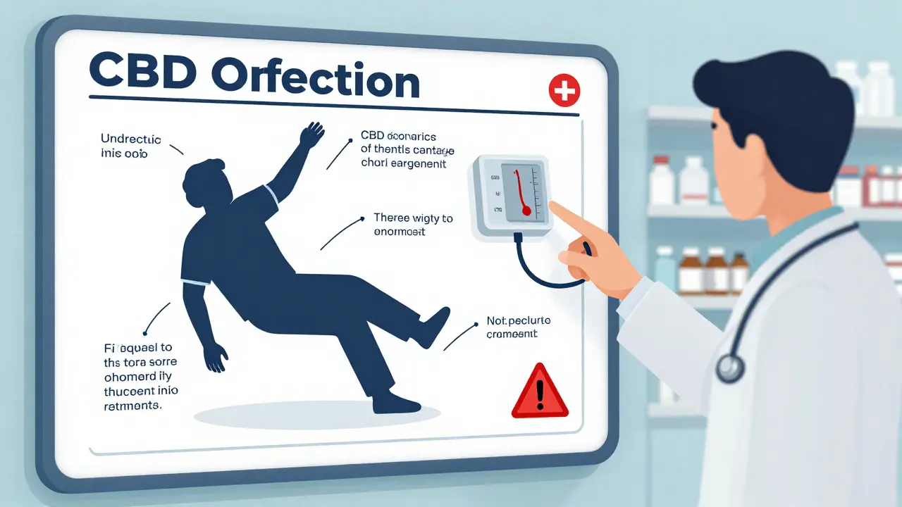 Lékař ukazuje na lékařský graf ukazující nebezpečný pokles krevního tlaku při užívání CBD.