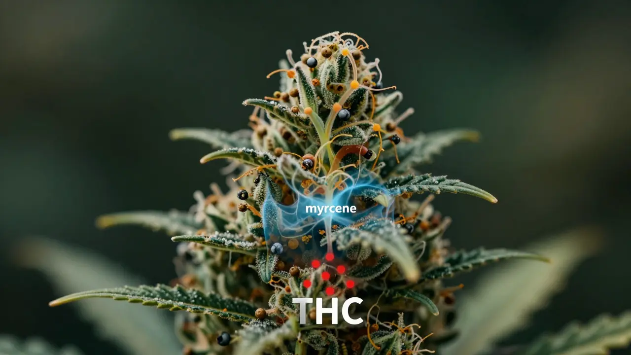 Makro snímek CBD květu s viditelnými terpeny a kanabinoidy jako barvité stíny.