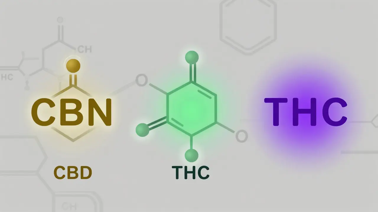 Molekulární struktury CBN, CBD a THC vedle sebe, s různými barvami a slabými nervovými spojeními.