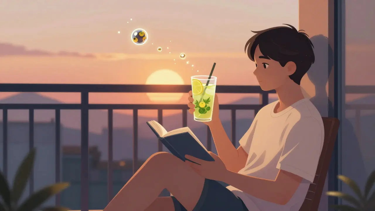 Osoba si na večerním balkóně užívá CBD limonádu a čte knihu při západu slunce.