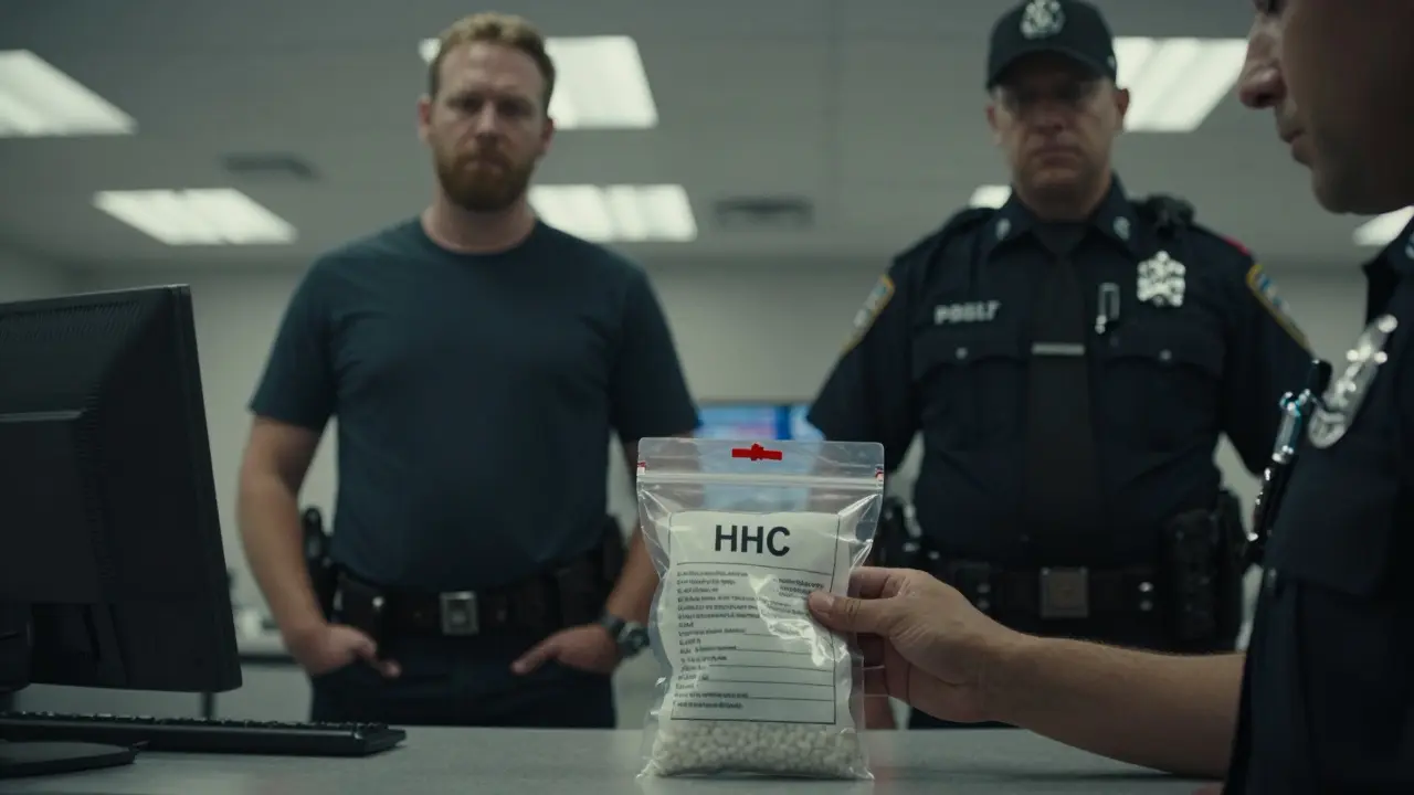 Policista drží důkazní sáček s HHC na letištní kontrole, cestující stojí vedle.