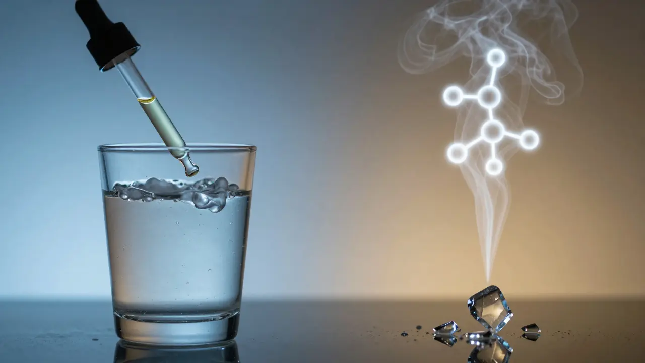 Porovnání CBD oleje a CBD shatteru: mrhlý roztok versus čistá pára s molekulárními čárami.