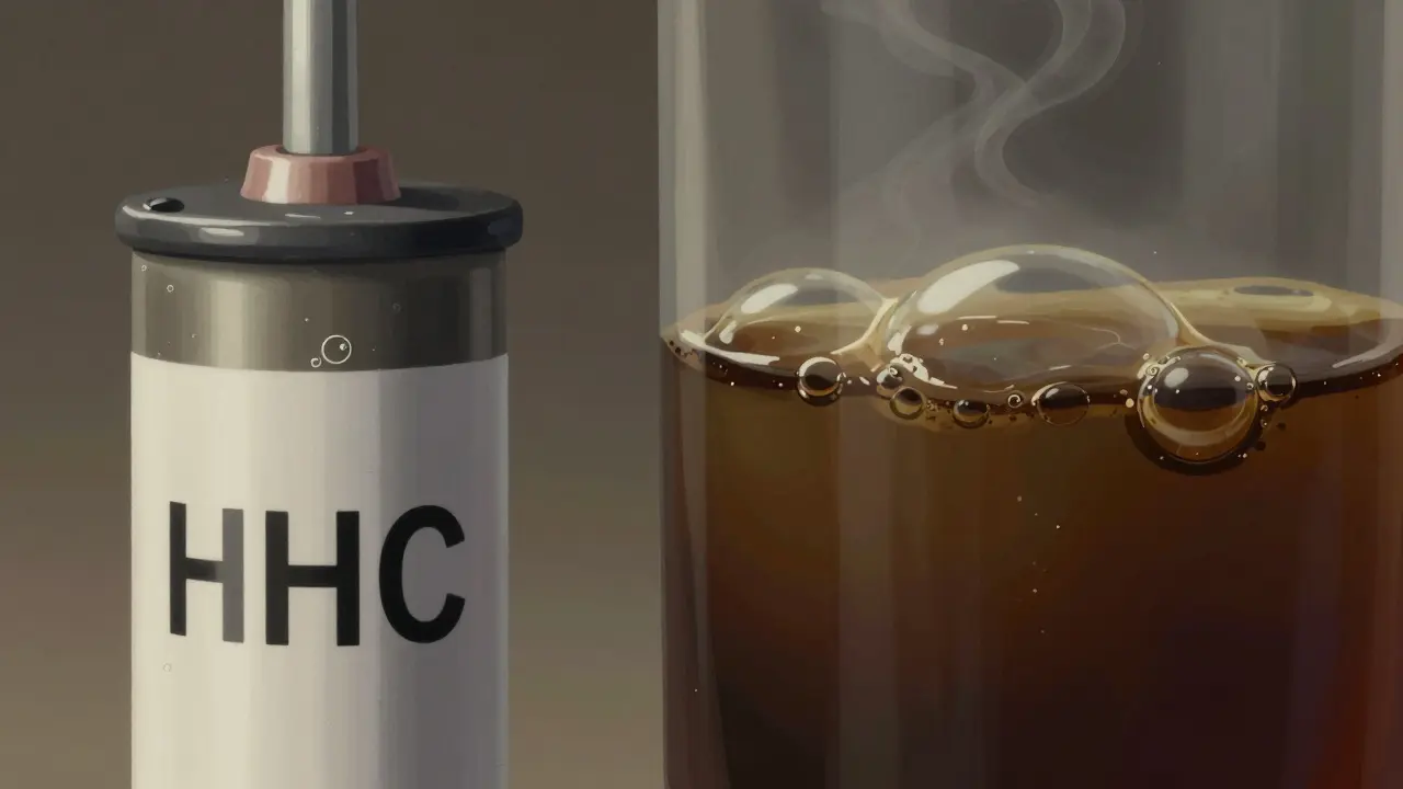 Porovnání čistého a znečištěného HHC oleje: jemné bublinky vs. tmavý sediment a nepravidelné bubliny.