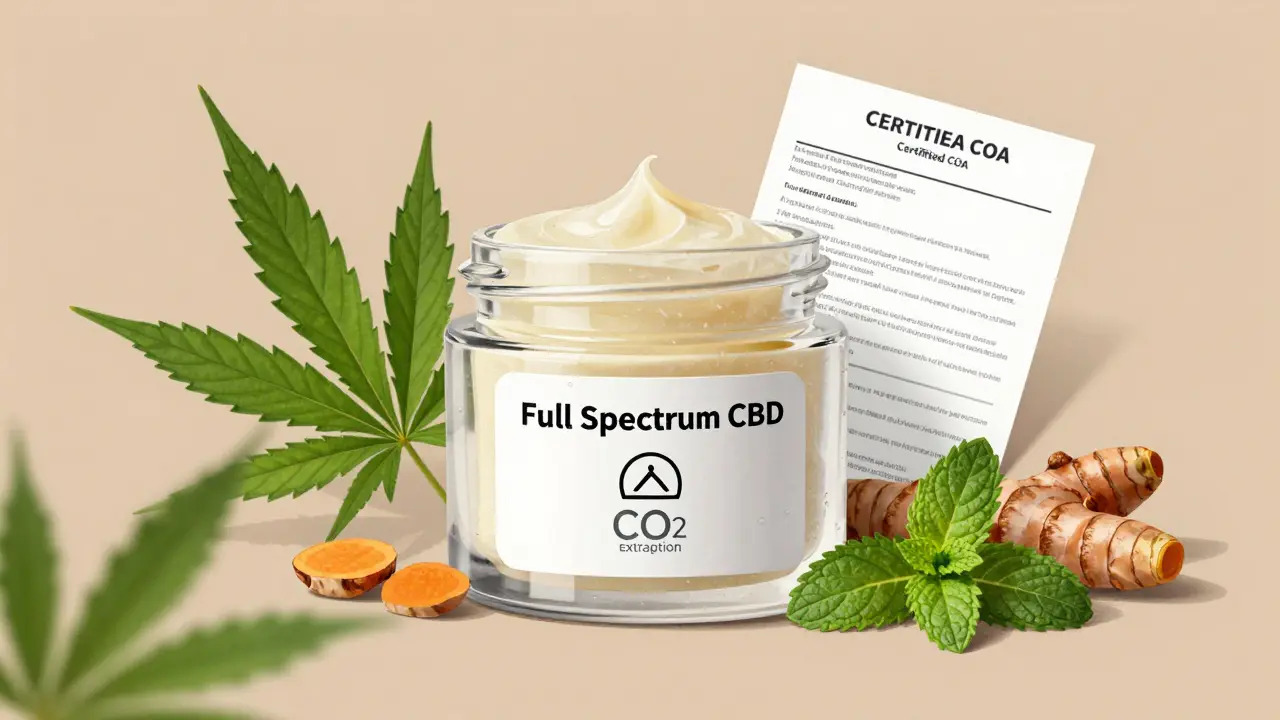Průhledná nádoba CBD krému s vyznačenými přírodními složkami a certifikátem COA.
