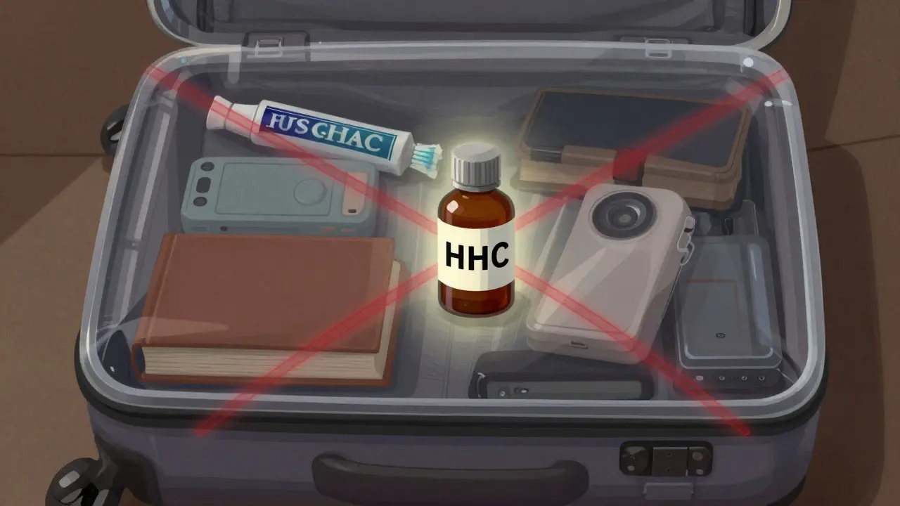 Průhledné zavazadlo s produktem HHC a symbolickou hranicí mezi státními a federálními zákony.