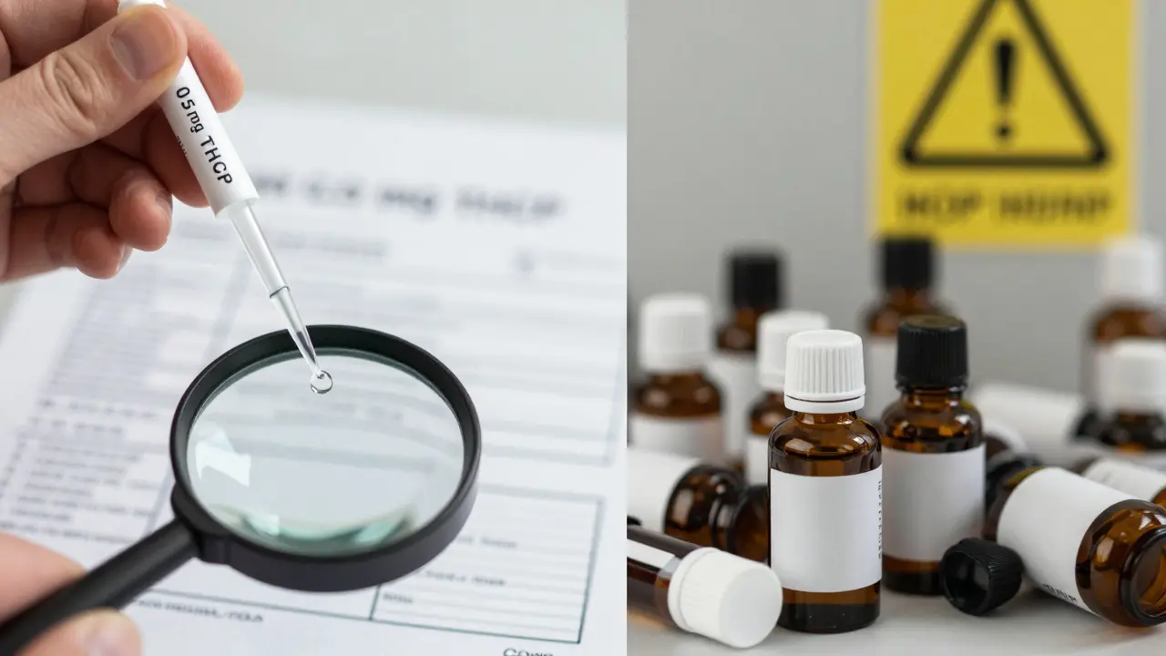 Rozdělený obrázek: opatrné měření kapky THCP vs. chaotický balíček neoznačených látek