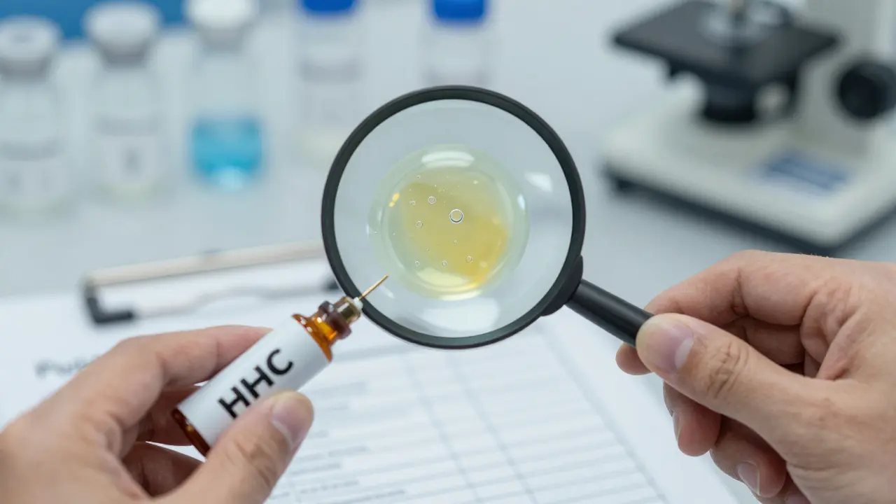 Ruka drží cartu s HHC olejem, nad ní magnifikující čočka zobrazuje bublinky a částice, symbolizující testování čistoty.