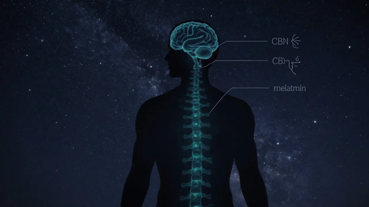 Silueta těla s abstraktními cestami CBN a jiných látek k lepšímu spánku.