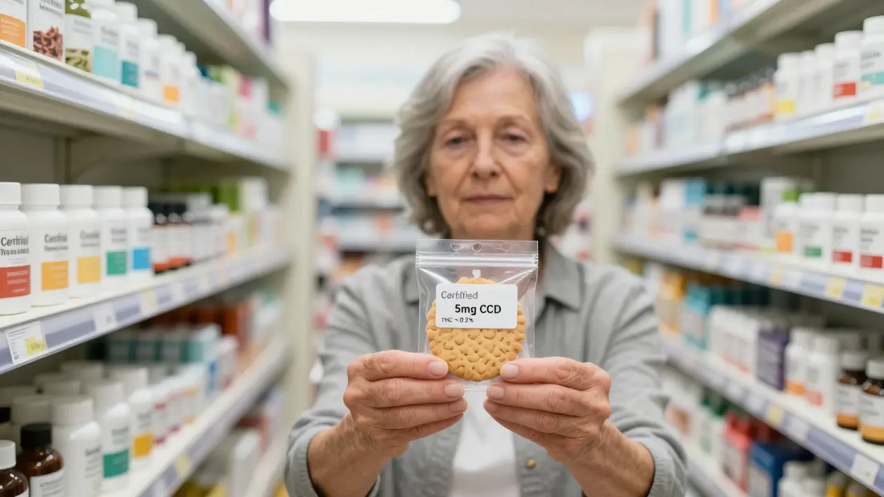 Stará žena drží balíček CBD cookies s jasně uvedenou dávkou a certifikací v lékárně.