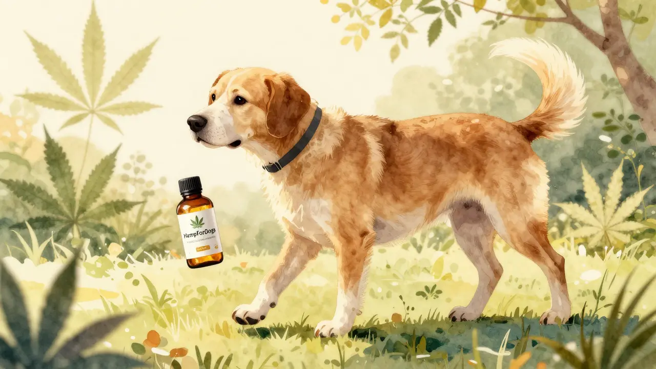 Starší pes klidně chodí ve slunečném zahradě, symbolizující zlepšení pohyblivosti.