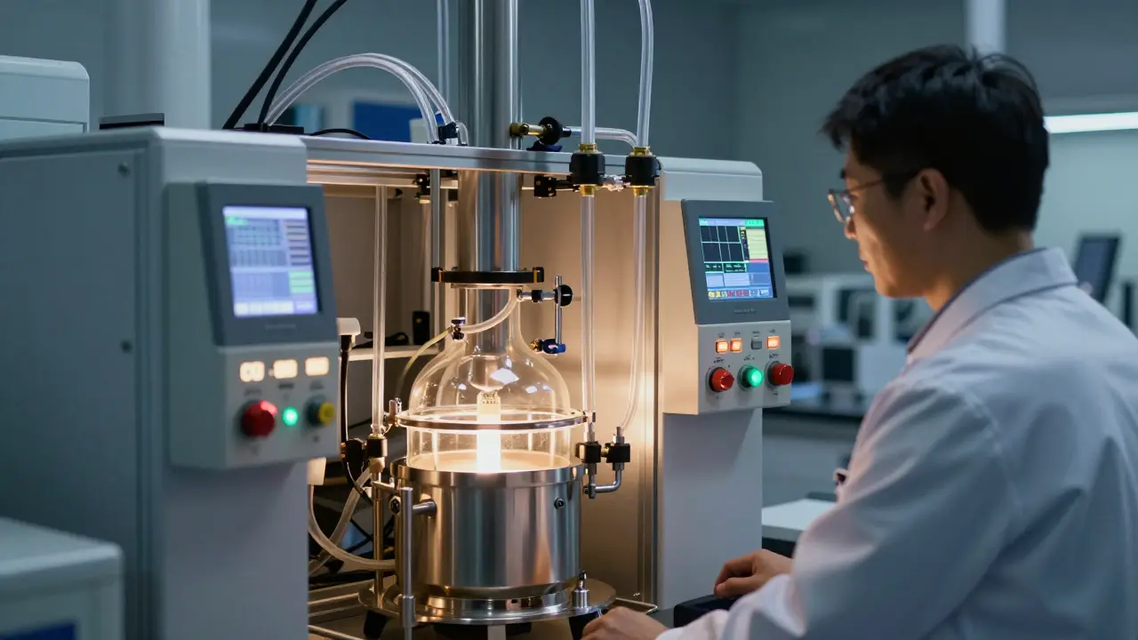 Technik sleduje superkritickou CO2 extrakci v laboratoři, vysoká přesnost a technologie.